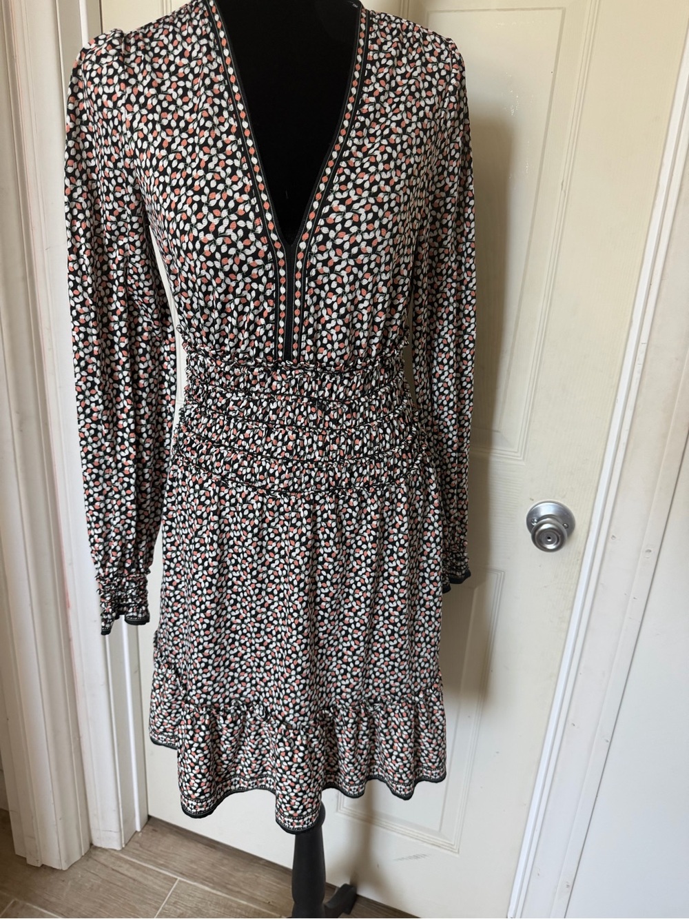 Max Studio Black V-Neck Smocked Waist Floral Dress with Pink & Cream Dots